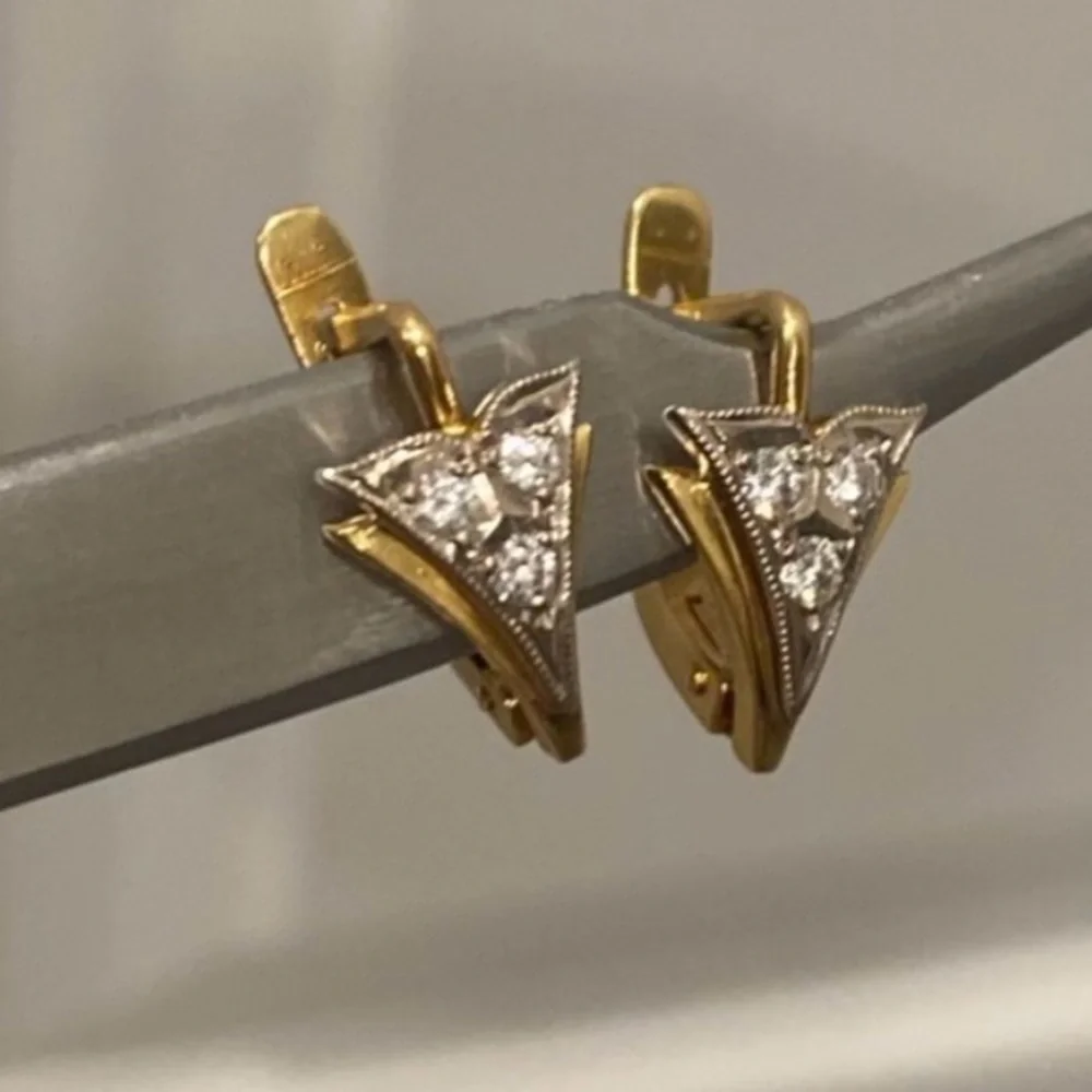 Vintage Russian European 18k Yellow Gold Diamond Earrings Huggies - Picture 3 of 10